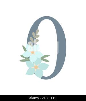 Zahl verziert mit Blumen, florale Monogramm Vektor-Illustration in einfachen Boho-Stil, flache pastellfarbene dekorative Schriftzug-Kollektion Stock Vektor