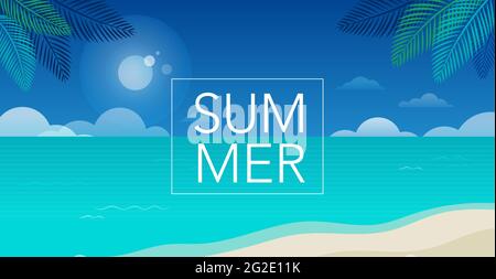 Sommerlicher Spaß Konzept Design. Kreativer Hintergrund der Landschaft, sonniges Panorama von Meer und Strand. Sommerverkauf, Post-Vorlage Stock Vektor