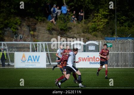 Rhosymedre, Wales 26. September 2020. JD Cymru Premier-Spiel zwischen Cefn Druids und Cardiff Metropolitan University. Stockfoto