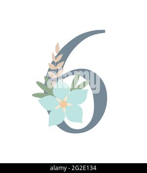 Zahl verziert mit Blumen, florale Monogramm Vektor-Illustration in einfachen Boho-Stil, flache pastellfarbene dekorative Schriftzug-Kollektion Stock Vektor
