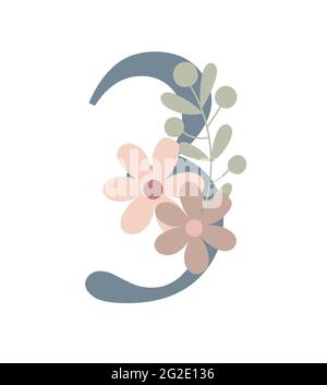 Zahl verziert mit Blumen, florale Monogramm Vektor-Illustration in einfachen Boho-Stil, flache pastellfarbene dekorative Schriftzug-Kollektion Stock Vektor