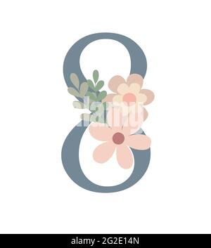 Zahl verziert mit Blumen, florale Monogramm Vektor-Illustration in einfachen Boho-Stil, flache pastellfarbene dekorative Schriftzug-Kollektion Stock Vektor