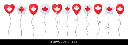 Ballon Kanada Tag Flagge Cartoon-Set. Isolierte, glänzende Helium-Luftballons, Feier am 1. Juli mit patriotischer Flagge. Kanadische National Party rot und weiß Ahornblatt. Isolierte Vektordarstellung Stock Vektor