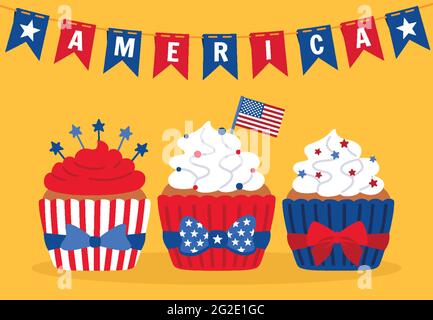 Karte mit Cupcakes Unabhängigkeitstag USA Flagge. Farbige Cartoon-Kuchen und Girlande mit amerikanischer Flagge. Patriotische Muffin 4. Juli glückliche Feier Partei. Süßigkeiten rote und blaue Sterne Vektor Stock Vektor