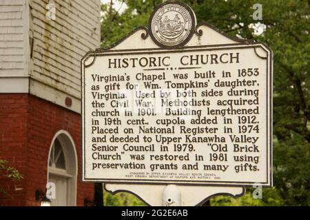 Historische Markierung in der Virginia's Chapel aus dem 19. Jahrhundert, WV, USA Stockfoto