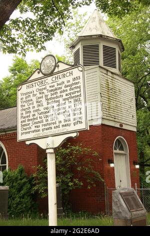 Historische Markierung in der Virginia's Chapel aus dem 19. Jahrhundert, WV, USA Stockfoto