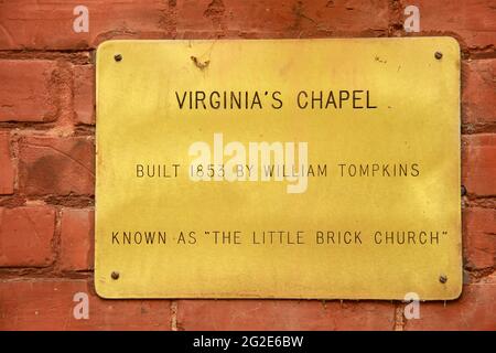 Gedenktafel an der Virginia's Chapel aus dem 19. Jahrhundert, WV, USA Stockfoto