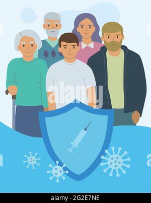 Eine Familie von drei Generationen unter dem zuverlässigen Schutz eines Impfstoffs gegen das Virus. Impfkonzept Covid 19 Stock Vektor