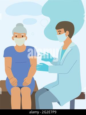 Ein Arzt gibt einer älteren Frau eine Injektion. Impfkonzept Covid-19 Stock Vektor