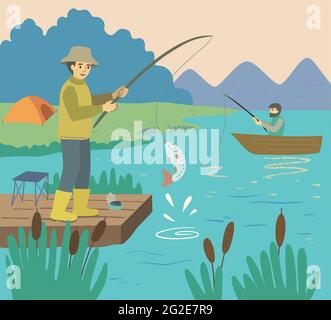 Zwei Menschen fischen auf dem See. Fischer am Ufer und ein Mann mit Angelrute im Boot. Abstrakte minimalistische Landschaft mit Bergen. Stock Vektor