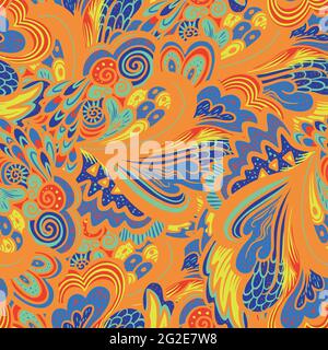 Strahlend buntes Hippie-Nahtloses psychedelisch-Muster mit abstrakten lockigen und pflanzlichen Elementen. Stock Vektor