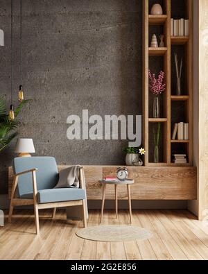 Beton-Innenraum mit blauem Sessel auf leerem dunklen Wandhintergrund, 3D-Rendering Stockfoto