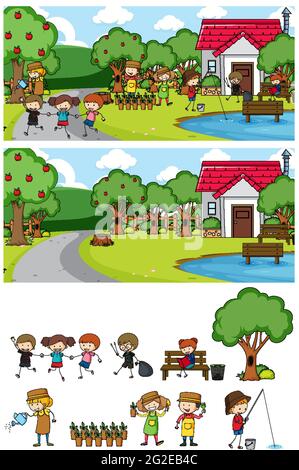 Park-Szene mit vielen Kindern Doodle Zeichentrickfigur isoliert gesetzt Abbildung Stock Vektor