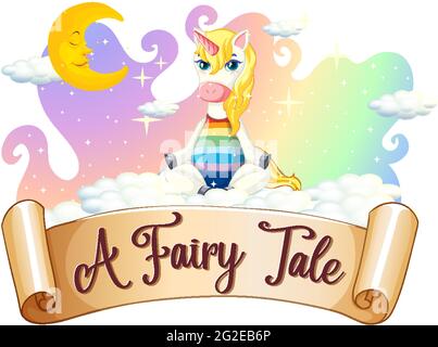 Eine Fairy Tale Schrift mit Einhorn Zeichentrickfigur sitzt auf Eine Wolkendarstellung Stock Vektor