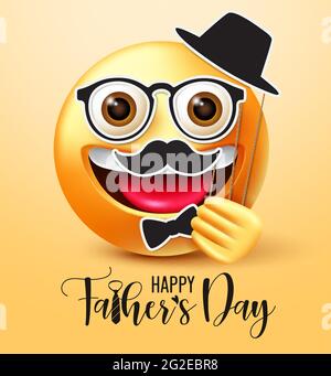 Vatertag Smiley Vektor-Design. Happy Father's Day Text mit Emoji 3d Father Charakter mit Hut, Schnurrbart und Fliege in Papier geschnitten Design. Stock Vektor