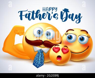 Vatertag Smileys Vektor Banner Design. Happy Father's Day Text mit Emoji 3d Vater, Mutter und Kind Familienfiguren für Eltern Tag. Stock Vektor