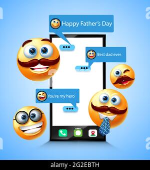 Väter Tag Emoji Vektor-Design. Happy Father's Day Text in Handy-Chat-Nachrichten mit Emoji 3d männlichen Eltern für Feier Gruß Design. Stock Vektor