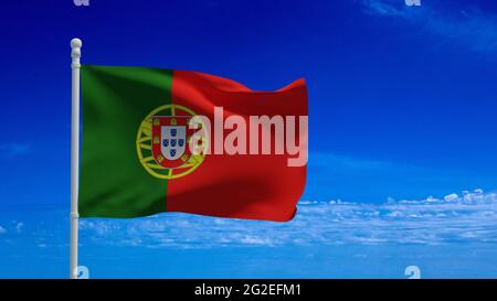Die Nationalflagge der Portugiesischen Republik, die im Wind winkt. 3d-Rendering, CGI Stockfoto