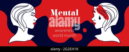 Banner für den Monat des Bewusstseins für psychische Gesundheit. Horizontales Vektorvorlagen-Design. Zersplittete depressive Frau auf marineblauem Hintergrund, wellenrote Formen Stock Vektor