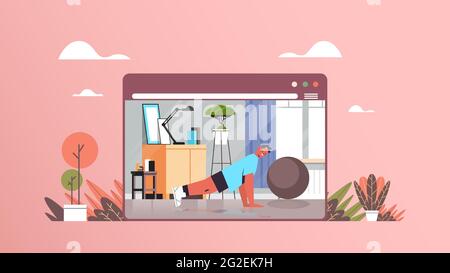 Mann tut Push-ups Übungen Kerl arbeiten online-Training gesunden Lebensstil Home Sport Konzept Stock Vektor