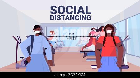 Mischen Sie Rennmädchen in Schutzmasken und arbeiten Frauen aus, die Abstand halten, um eine soziale Distanzierung durch Coronaviren zu verhindern Stock Vektor