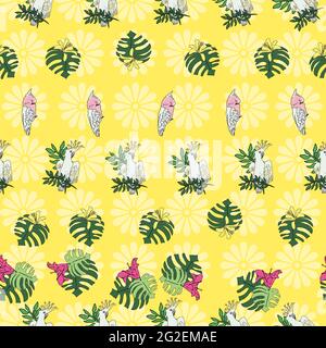 Vektor gelben Hintergrund tropische Vögel, Papageien, exotische Käsepflanze, Monstera, Hibiskusblüten. Nahtloser Musterhintergrund Stock Vektor