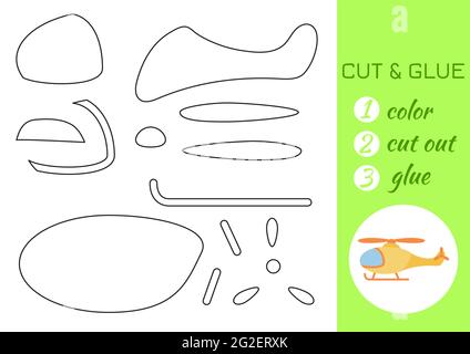 Farbe, Schnitt und Leim Papier gelben Hubschrauber. Seite „Craft Activity“ ausschneiden und einfügen. Pädagogisches Spiel für Kinder im Vorschulalter. DIY-Arbeitsblatt. Kids Logic Gam Stock Vektor