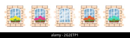 Weißes Fenster mit Blumen auf der Fensterbank, Fragment einer Ziegelwand mit einem Fensterset, Vektorobjekte isoliert, Cartoon Stock Vektor