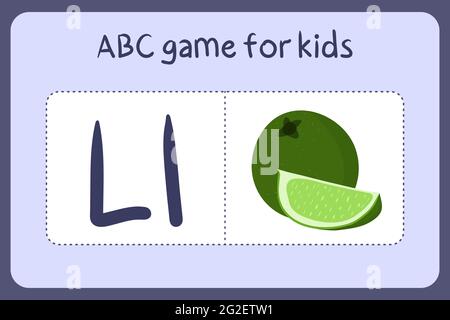 Kind Alphabet Mini-Spiele im Cartoon-Stil mit dem Buchstaben L - lime. Vektor-Illustration für Spiel-Design - Schneiden und spielen. Lerne abc mit Flash-Karten für Obst und Gemüse. Stock Vektor