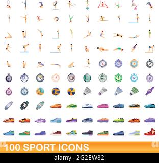 100 sport Icons einstellen. Cartoon Illustration von 100 Sport icons Vektor auf weißem Hintergrund einstellen Stock Vektor