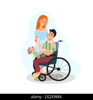 Menschen mit Behinderungen. Ein junger behinderter Mann schenkt seiner Freundin Blumen. Paar verliebt, Vektor-Illustration in flachen Stil, Karikatur Stock Vektor