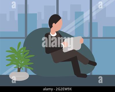 Geschäftsmann mit einem i-Pad in der Hand sitzt im Büro vecor Illustration Stock Vektor