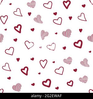 Nahtloses Vektormuster dunkelrote Herzen und Punkte auf weißem Hintergrund. Stock Vektor