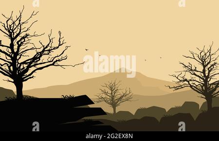 Fantastische Aussicht auf die Berge mit trockenen Baumsilhouetten vom Rand der Stadt am Morgen. Vektordarstellung einer Stadt Stock Vektor