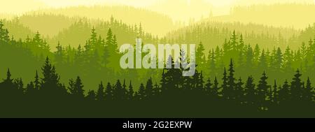 Horizontales Banner von Wald Hintergrund, Silhouetten von Bäumen. Magische neblige Landschaft, Nebel. Grüne und gelbe Abbildung. Lesezeichen. Stock Vektor