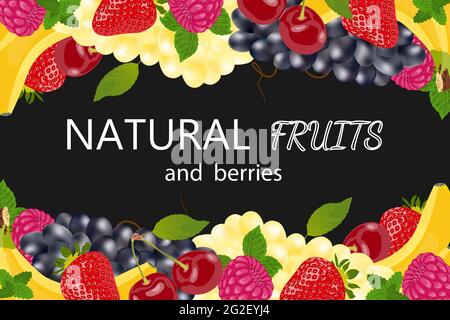 Kollektion mit umweltfreundlichen Produkten für Bannerdesign. Tropische oder Gartenfrüchte und Beeren auf schwarzem Hintergrund mit weißer Inschrift Natural Stock Vektor