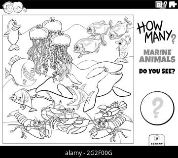 Schwarz-Weiß-Illustration der pädagogischen Zählung Spiel für Kinder mit Cartoon-Fisch und Meerestiere Charaktere Gruppe Färbung Buchseite Stock Vektor