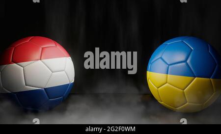 Zwei Fußballbälle in Flaggen-Farben auf schwarzem abstraktem Hintergrund. Niederlande und Ukraine. 3d-Bild Stockfoto