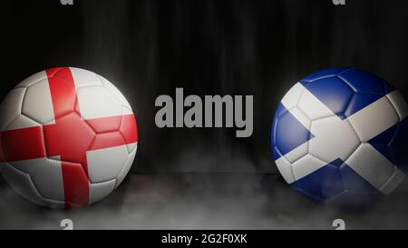 Zwei Fußballbälle in Flaggen-Farben auf schwarzem abstraktem Hintergrund. England und Schottland. 3d-Bild Stockfoto