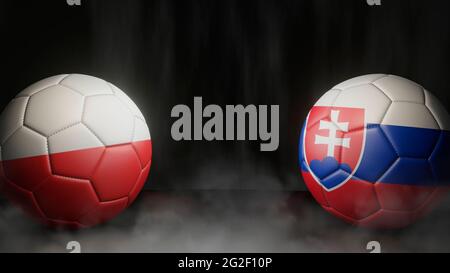 Zwei Fußballbälle in Flaggen-Farben auf schwarzem abstraktem Hintergrund. Polen und der Slowakei. 3d-Bild Stockfoto