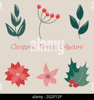 Weihnachts-Blumenkollektion mit dekorativen Pflanzen und Blumen im Winter. Niedliche Hand gezeichnet im skandinavischen Stil. Stock Vektor