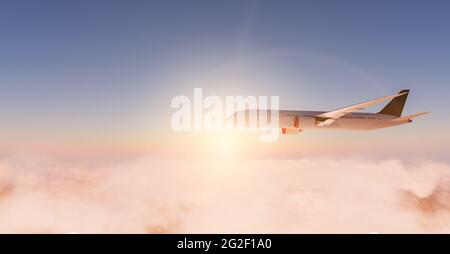 Seitenansicht eines Passagierflugzeugs, das über den Wolken mit einem Sonneneinstrahlung hinter sich fliegt. Reise- und Urlaubskonzept. 3d-Rendering Stockfoto