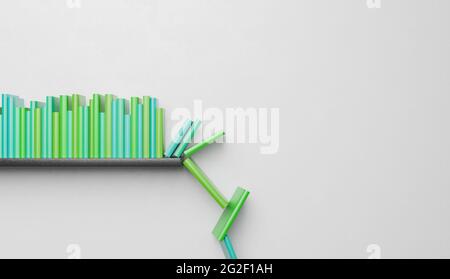 Regal voller Bücher, die auf einer Seite herunterfallen. 3d-Rendering Stockfoto