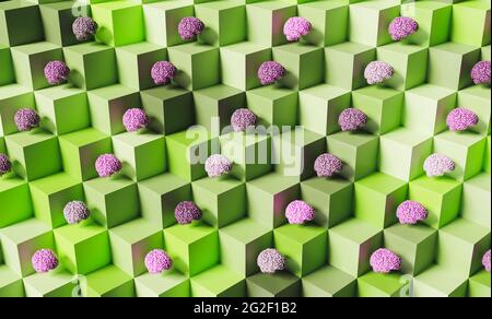 Muster von Würfeln mit isometrischer Ansicht und Gehirnen auf ihnen. Pastell-Farbverlauf. 3d-Rendering Stockfoto