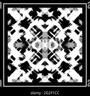 Schal, Bandana-Design. Schwarze Pinselstriche, weißer Hintergrund. Symmetrisches abstraktes Muster. Kaleidoskop-Effekt, Spiegelreflexion. Grunge-Textur Stockfoto