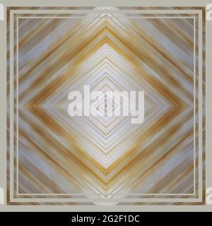 Geometrischer Hintergrund mit Rahmen. Rautenform in Gold, Gelb, Grau, Weiß. Farbenfrohes Streifenmuster. Schal, Bandana-Design Stockfoto