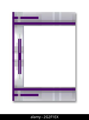 Bucheinband A4 Design mit geometrischem abstraktem Rahmen: Violett symmetrische Streifen auf grauem Hintergrund. Großer weißer Textbereich. Modernes Technologielayout, Stockfoto