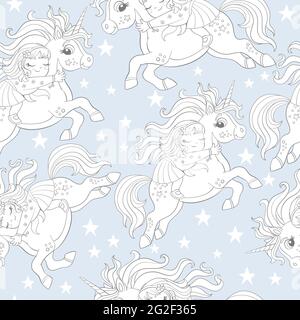 Nahtloses Muster mit schlafenden Mädchen Reiten ein niedliches Einhorn fliegen in den Himmel mit Sternen auf blauem Hintergrund. Vektor-Illustration für Party, Print, Baby Stock Vektor