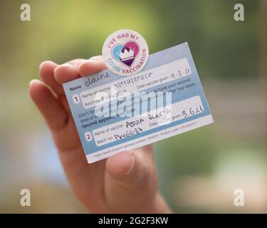 Hand mit COVID 19 Impfkarte und Aufkleber. VEREINIGTES KÖNIGREICH Stockfoto