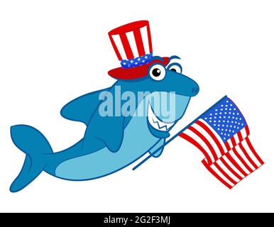 Hai mit wehender US-Flagge und Onkel sam Hut - Happy Independence Day 4. Juli Designillustration. Gut für Werbung, Poster, Ankündigung, Einladung Stock Vektor